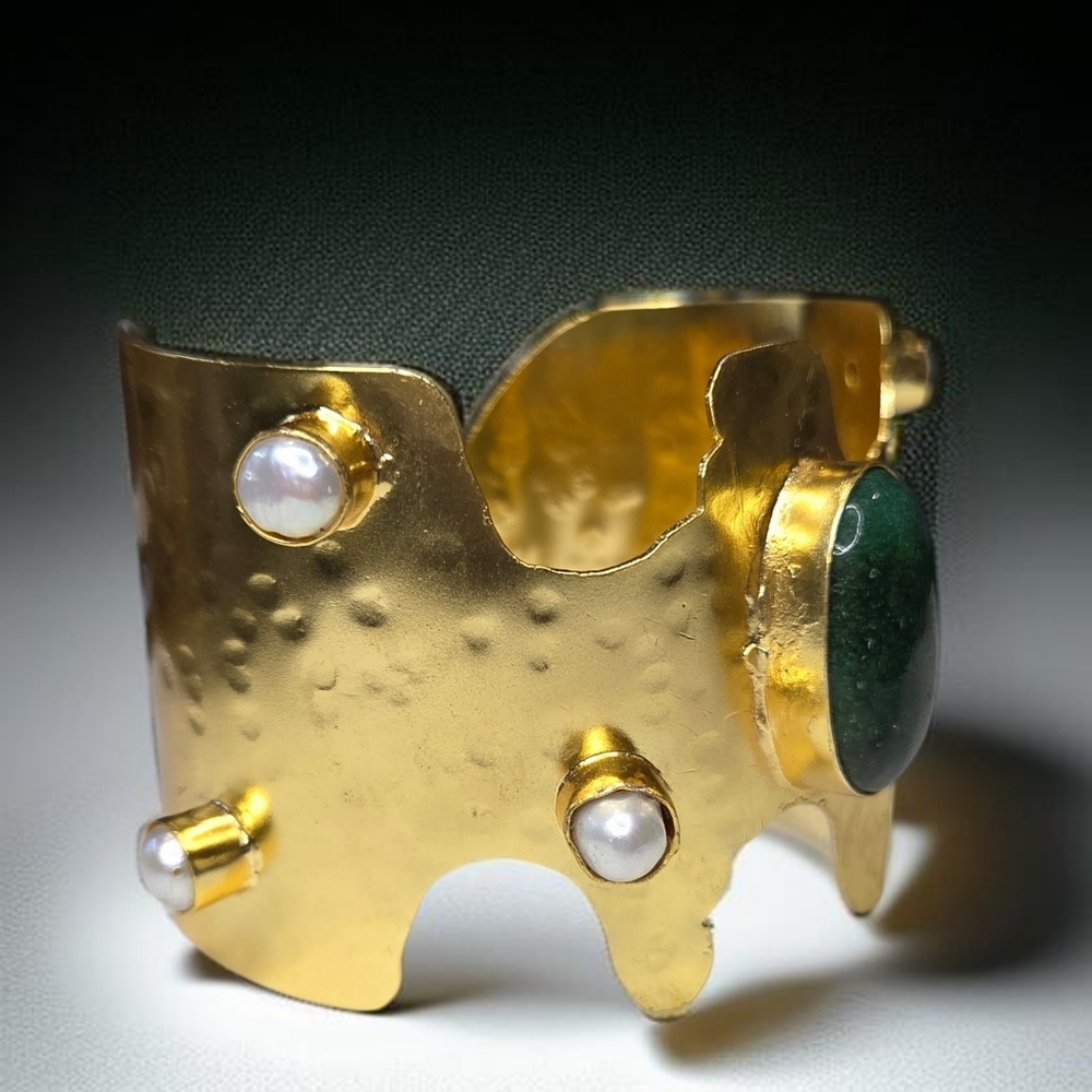 18k Gold Plated Artisan Freshwater Pearl Green Onyx Cuff Bracelet - Picture 3 of 7